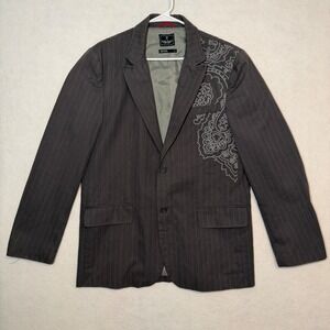 Marc Ecko Cut Sew Gothic Floral Embroidered Punk Jacket Gray Stripe Mens XL Y2K